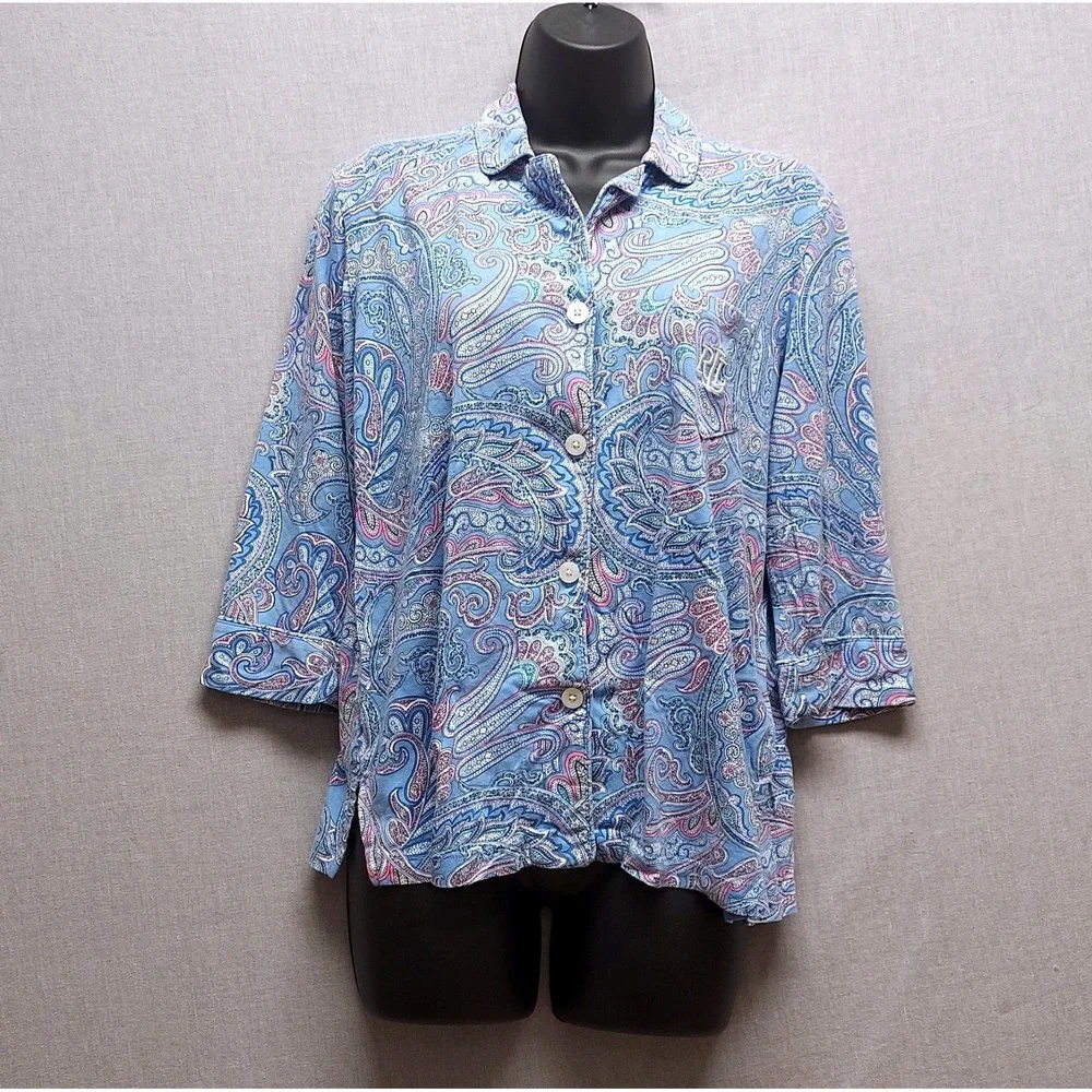 Lauren Ralph Lauren Women PM Blue Paisley‎ Pajama Top Button Classic Sleepwear